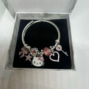 Hello Kitty Pink Charm Bracelet Silver Tone Rhinestone Bangle w/ Box NEW